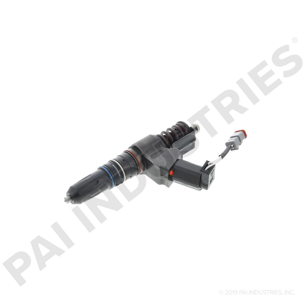 Angled view of PAI 209990X reman fuel injector showing nozzle, return spring stack and Deutsch connector pigtail