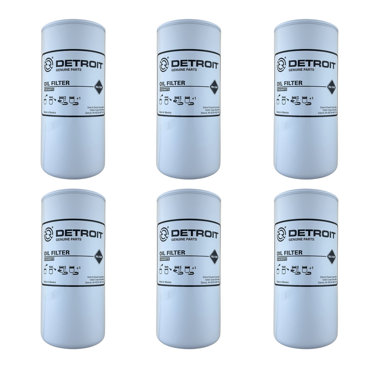 Six Detroit 23530573 oil filters on white background