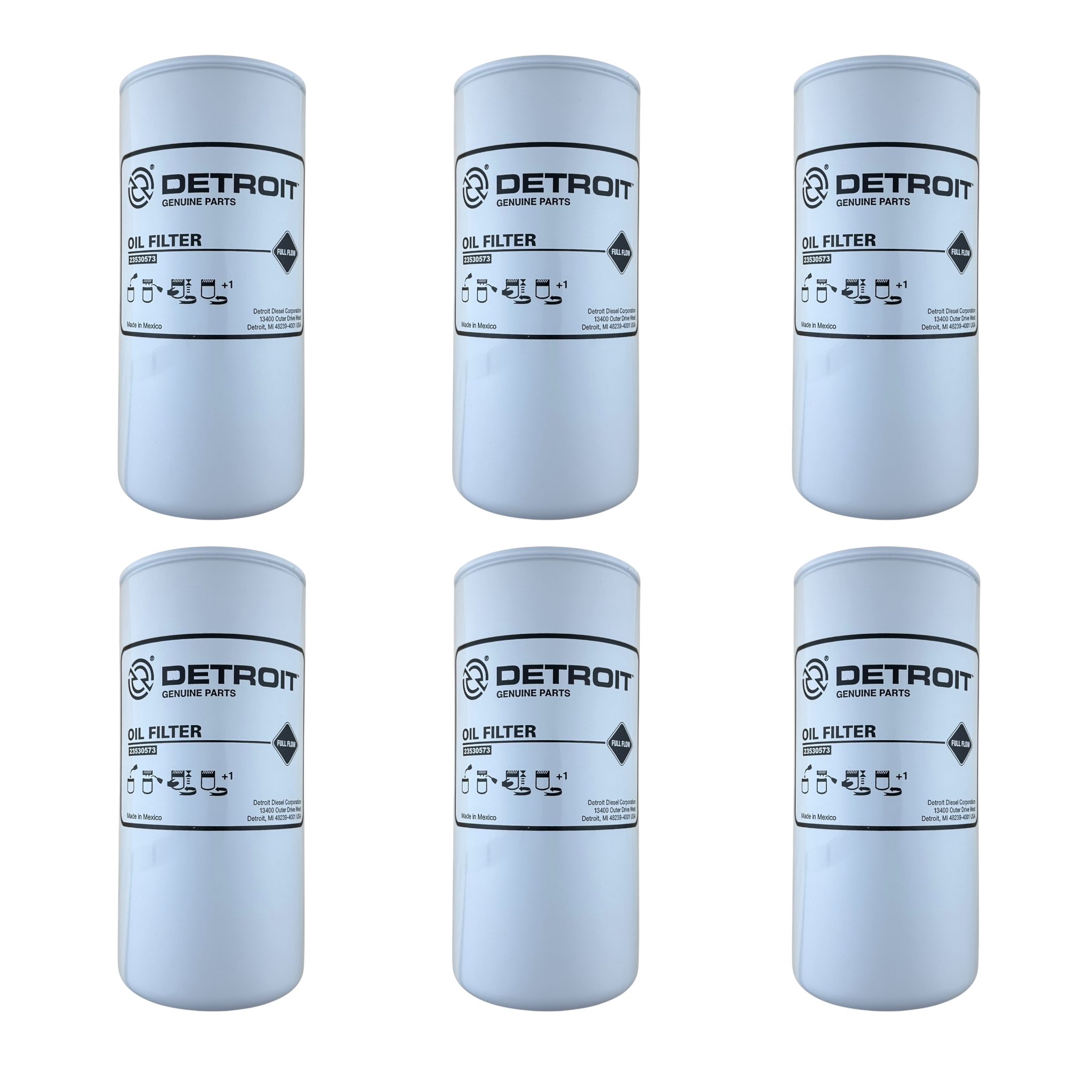 Six Detroit 23530573 oil filters on white background