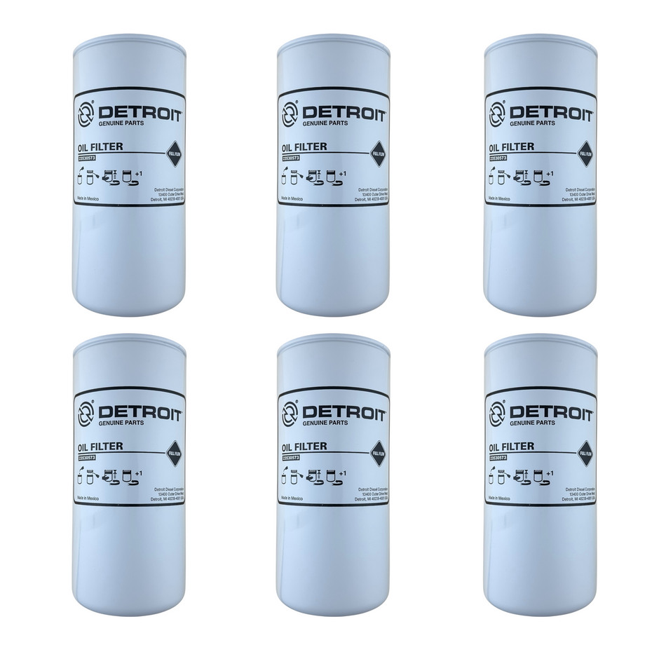 Six Detroit 23530573 oil filters on white background