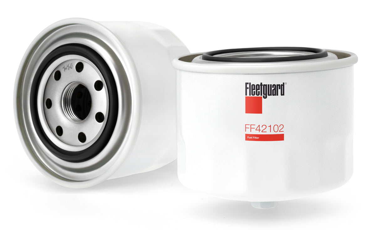 Two Fleetguard FF42102 fuel filters, one showing 1-14 threaded base and bypass holes, one showing label