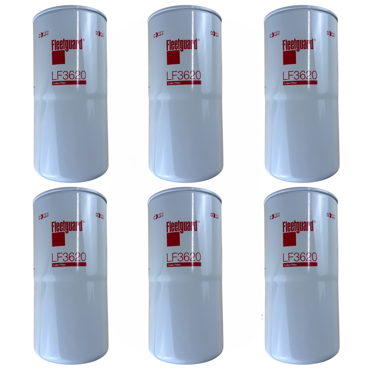 Six Fleetguard LF3620 Oil Filters on a white background