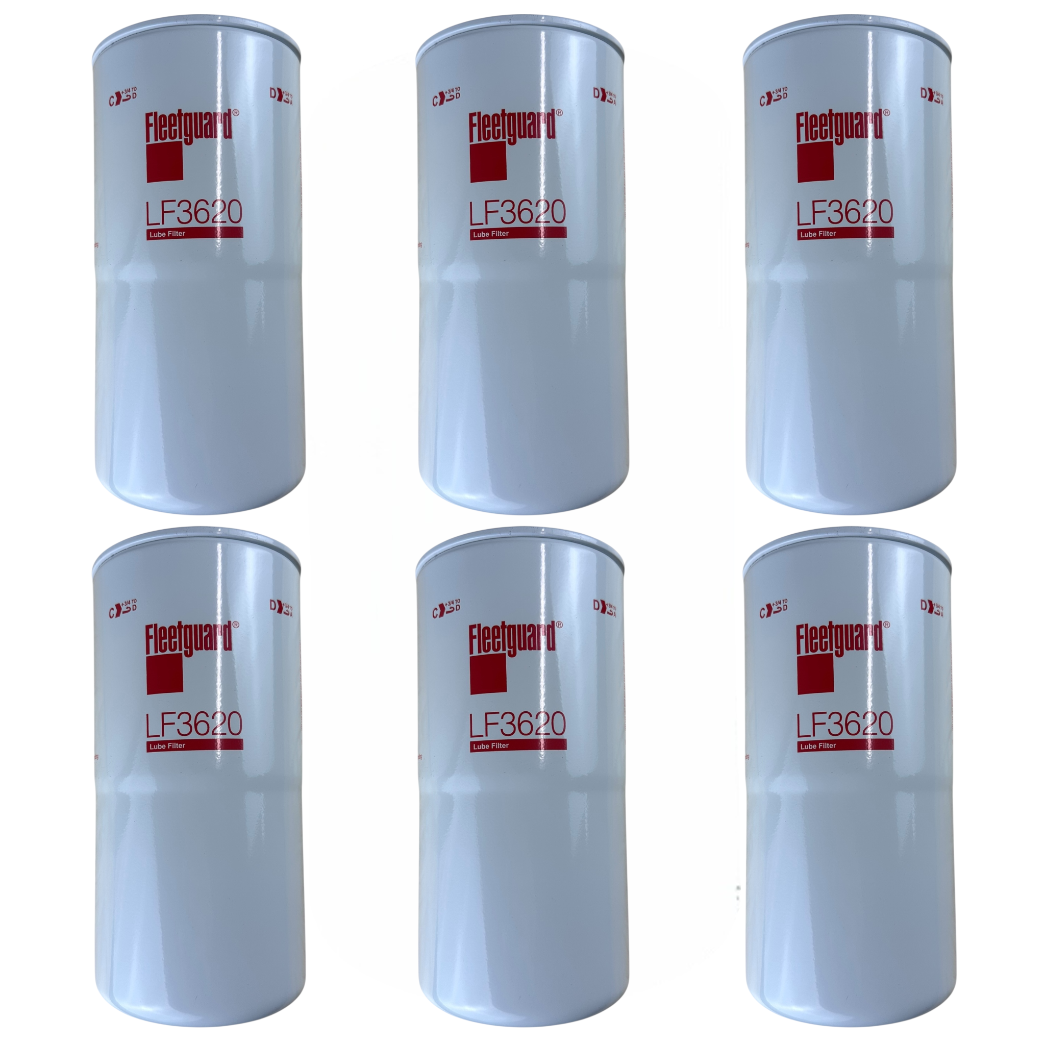 Six Fleetguard LF3620 Oil Filters on a white background