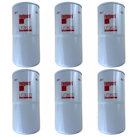 Six Fleetguard LF3620 Oil Filters on a white background