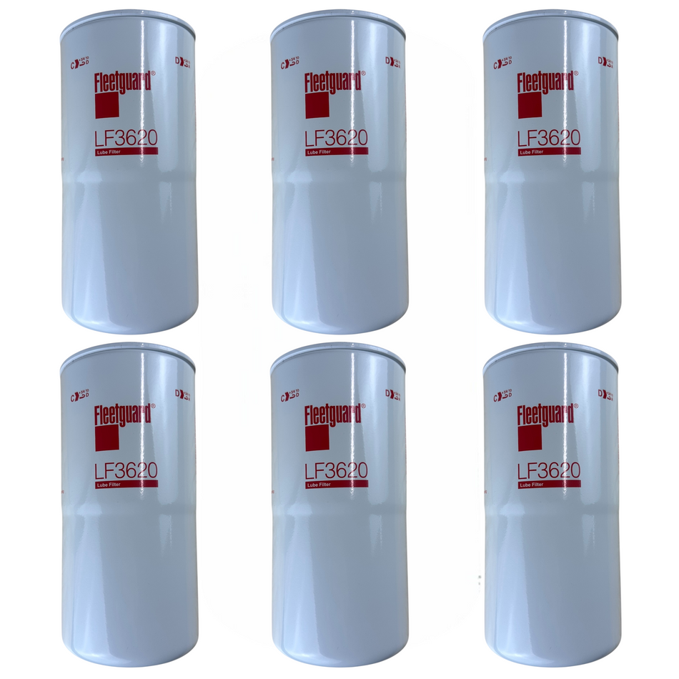Six Fleetguard LF3620 Oil Filters on a white background