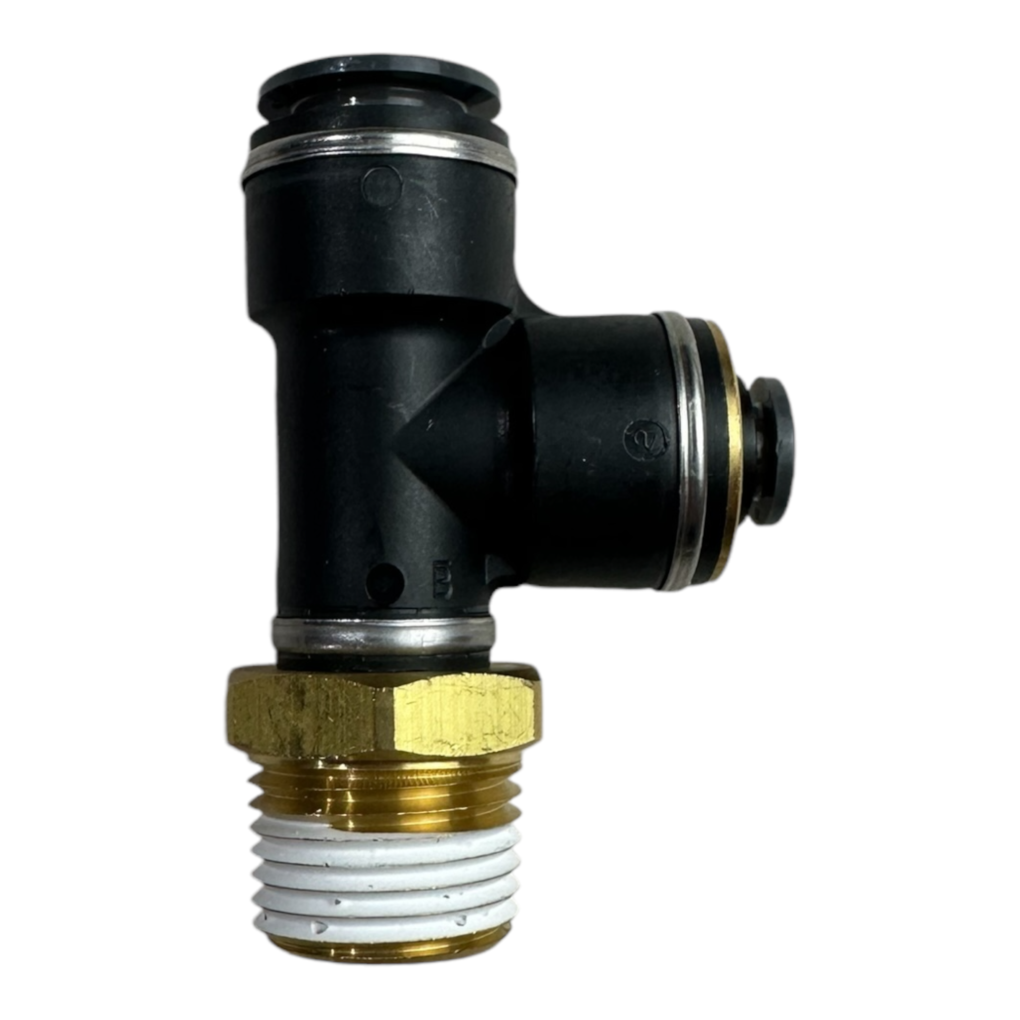 Side view of Automann 177.117184D PTC swivel run tee with brass 1/2 in NPT thread pointing down