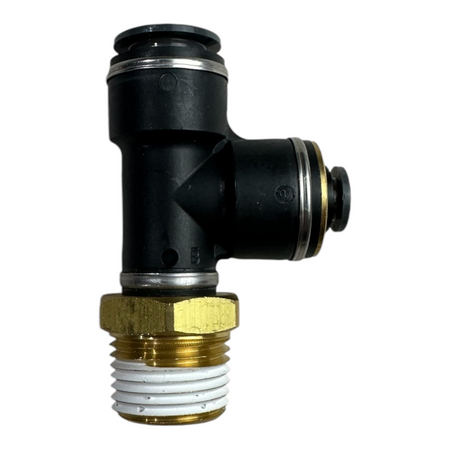 Side view of Automann 177.117184D PTC swivel run tee with brass 1/2 in NPT thread pointing down