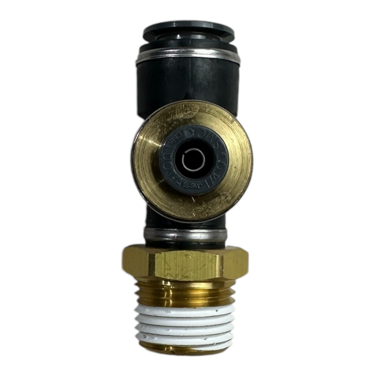 End-on view of Automann 177.117184D swivel tee showing brass hex face and PTC port collar