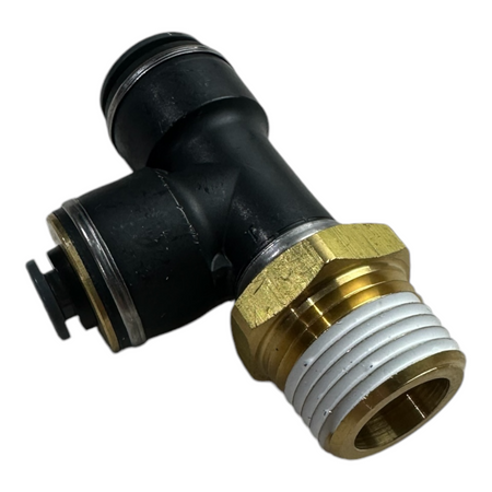 Three-quarter view of Automann 177.117184D swivel tee with brass NPT male thread pointing right