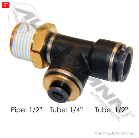 Automann 177.117184D PTC swivel tee with size callouts: pipe 1/2 in, tube 1/4 in, tube 1/2 in
