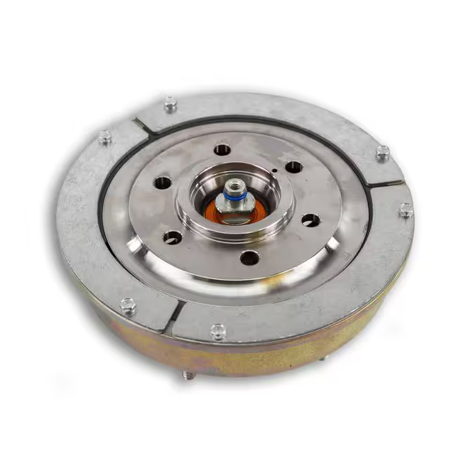 Rear view of BorgWarner 1090-09750-01P fan clutch with mounting flange and shaft on aluminum housing