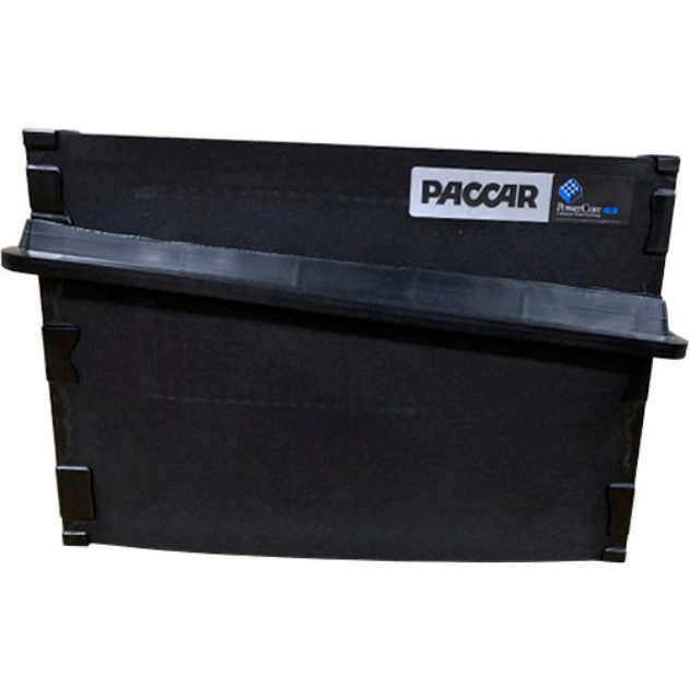 Front of Paccar P640017 extended-life air filter showing black panel housing with PACCAR label and PracoCare tag