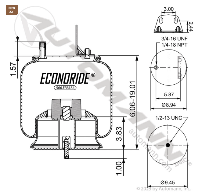 Dimensional line drawing of Automann 566.ER8184 with mounting thread sizes and overall height/width specs