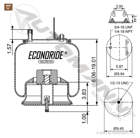 Dimensional line drawing of Automann 566.ER8184 with mounting thread sizes and overall height/width specs