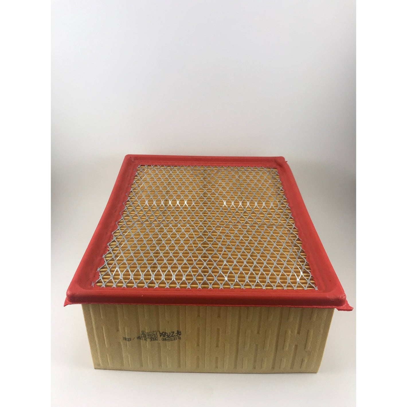 Side view of Fleetguard AF27684 panel air filter showing pleated media and red urethane top frame